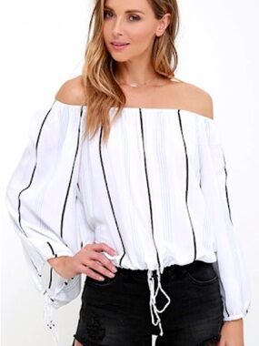 Faithfull the Brand Off-Shoulder Striped Blouse - White, Black, and Blue